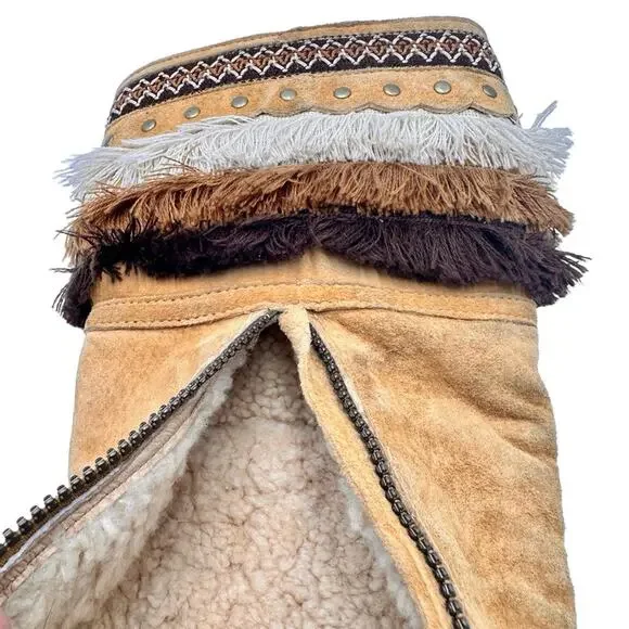 UGG 'Kiera' WOMEN's Tan Suede Shearling Lined Fringe Boho Knee-High Boots SIZE 8 - Picture 8 of 14